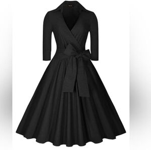 Black Sheath Dress with Notched Collar and 3/4 Sleeves